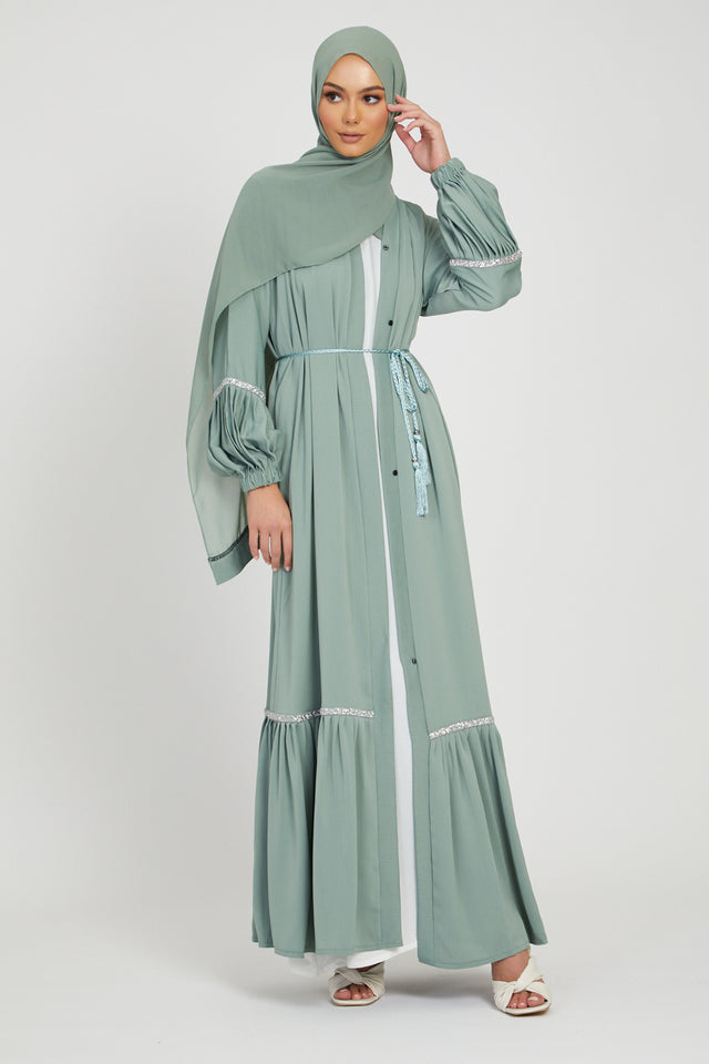 Mint Pleated Open Abaya with Silver Detailing
