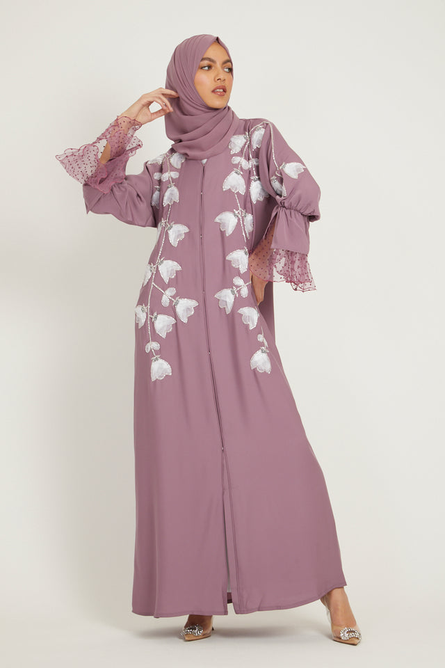 Luxury Blooming Cuff Open Abaya with Organza Floral Detailing - Dusty Pink