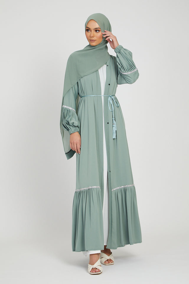 Mint Pleated Open Abaya with Silver Detailing