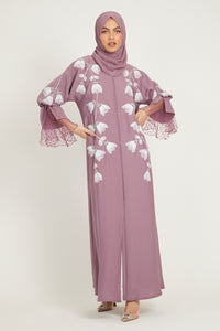 Luxury Blooming Cuff Open Abaya with Organza Floral Detailing - Dusty Pink