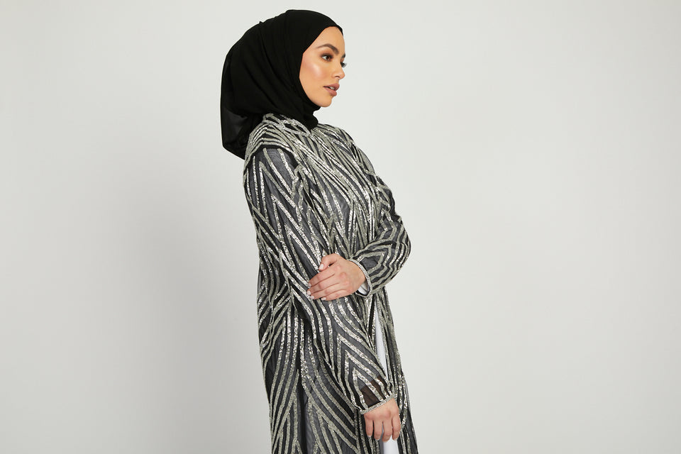 Luxury Silver Frost Embellished Open Jacket Abaya - Slim Fit