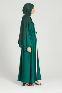 Satin Open Abaya with Balloon Sleeves - Emerald