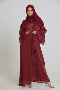 Three Piece Shimmer Organza Silk Abaya Set with Bell Sleeves - Maroon