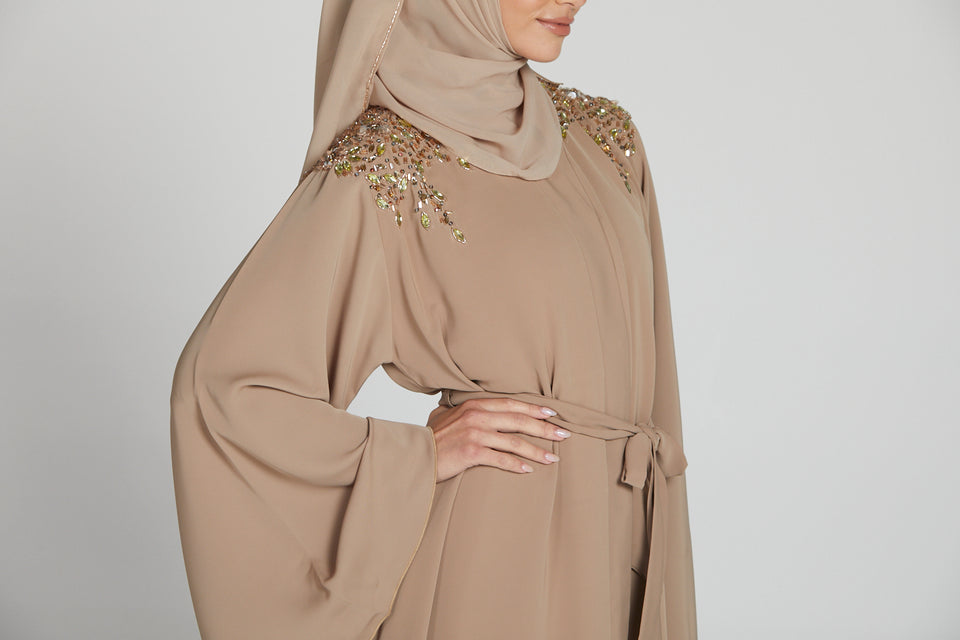 Luxury Nude Latte Embellished Shoulder Open Abaya