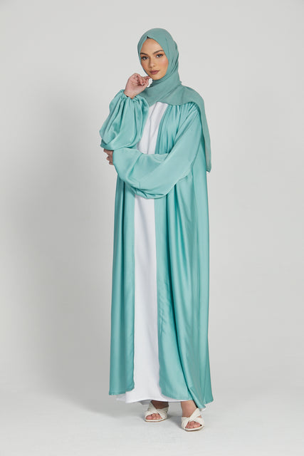 Satin Open Abaya with Balloon Sleeves - Aqua Mist