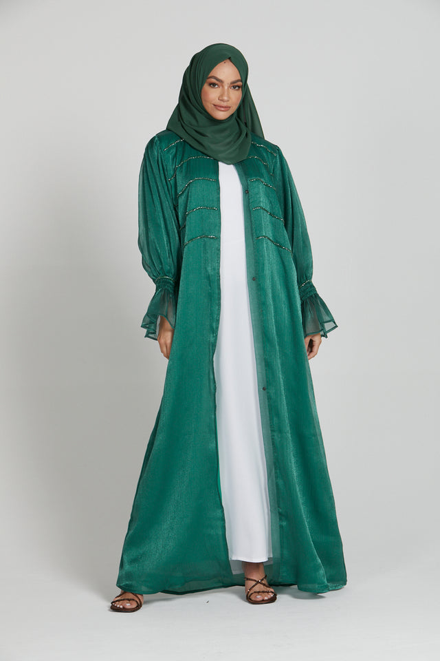 Blooming Cuff Organza Open Abaya - Emerald