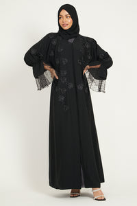 Luxury Blooming Cuff Open Abaya with Organza Floral Detailing - Black