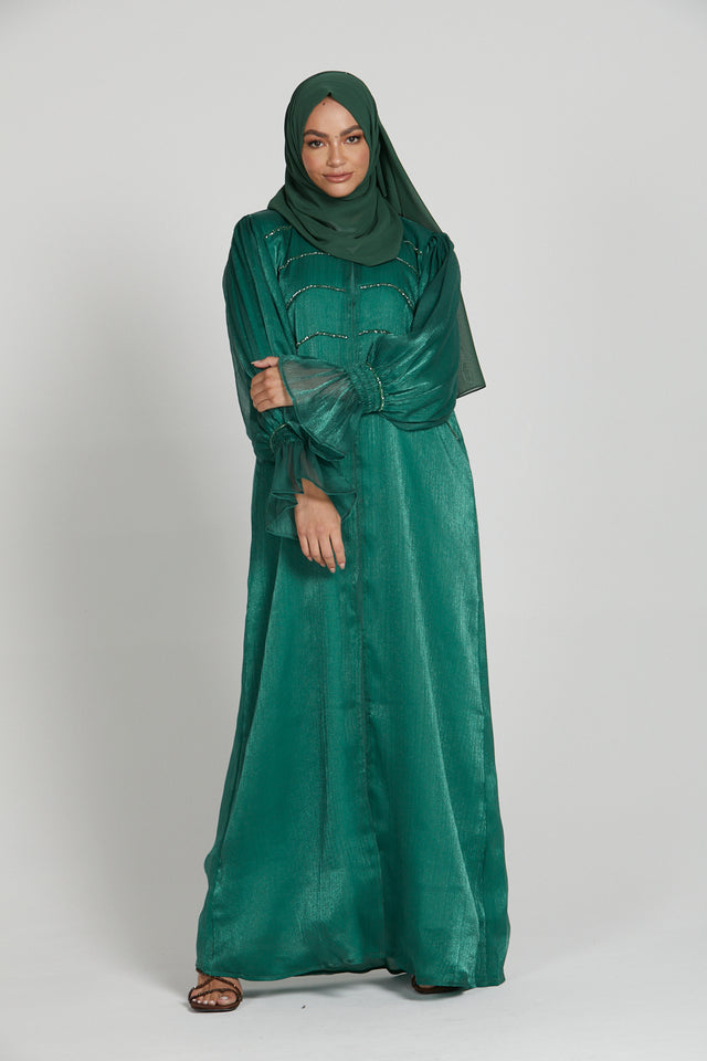 Blooming Cuff Organza Open Abaya - Emerald
