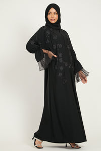 Luxury Blooming Cuff Open Abaya with Organza Floral Detailing - Black