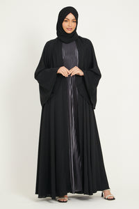 Flared Sleeve Umbrella Cut Open Abaya - Black