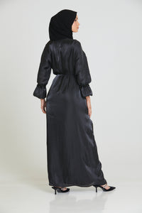 Four Piece Bell Sleeve Organza Silk Abaya Set - Black