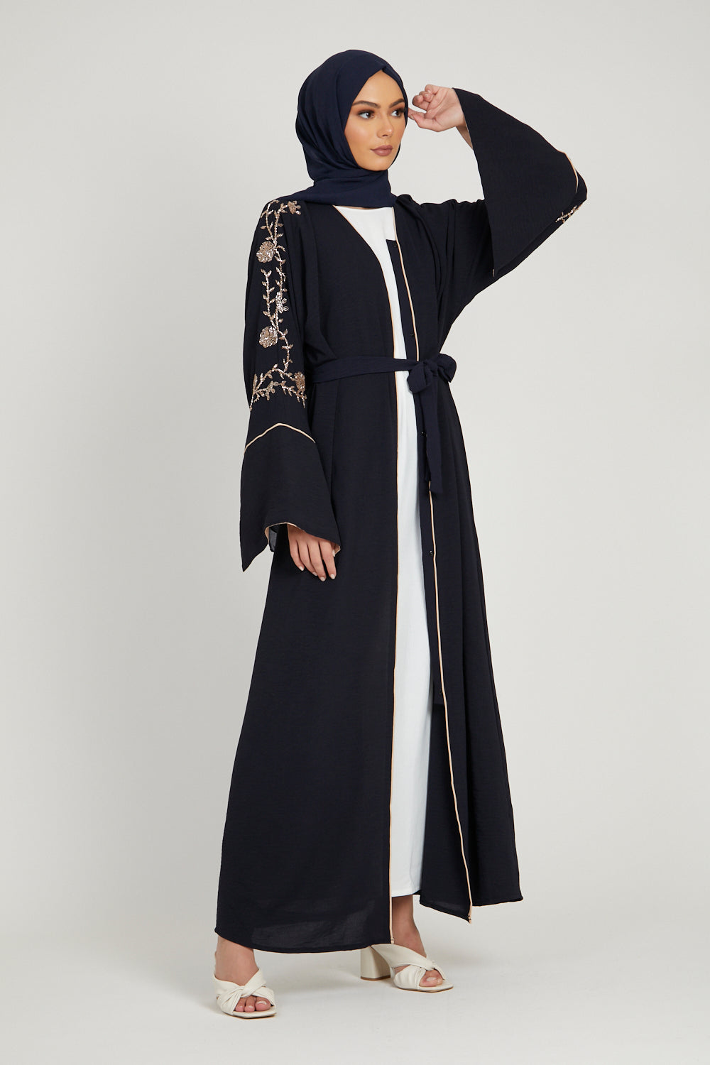 Floral Embellished Contrast Cuff Open Abaya - Deep Navy