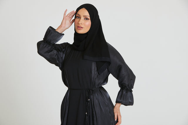 Four Piece Bell Sleeve Organza Silk Abaya Set - Black