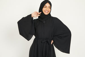 Flared Sleeve Umbrella Cut Open Abaya - Black