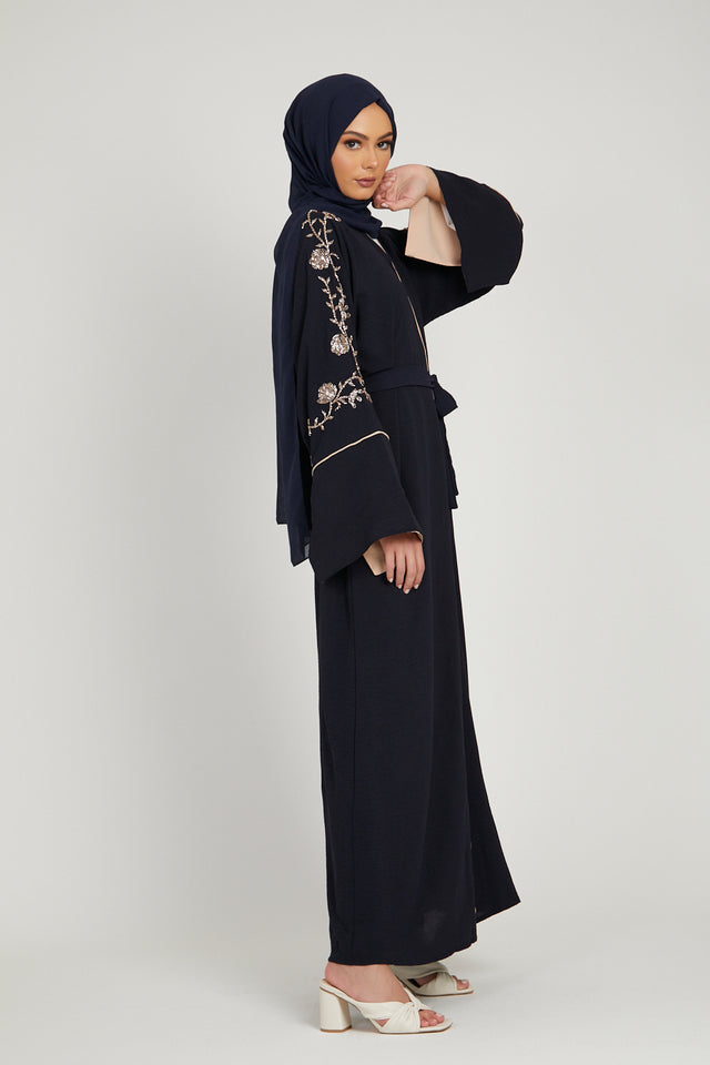 Floral Embellished Contrast Cuff Open Abaya - Deep Navy