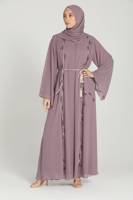Luxury Lilac Mauve Chiffon Embellished Open Abaya