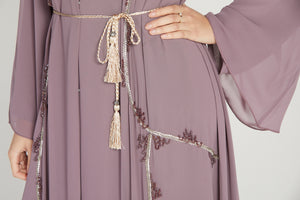 Luxury Lilac Mauve Chiffon Embellished Open Abaya