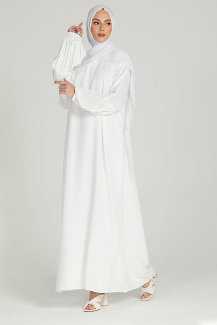 Premium Textured Closed Abaya with Pleated Cuffs - White