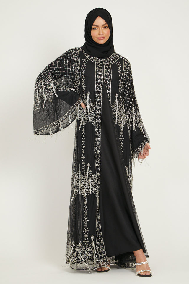 Luxury Rich Black Glimmer Embellished Open Abaya
