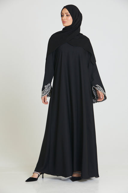 Black Umbrella Cut Closed Abaya with Embroidered Sleeves
