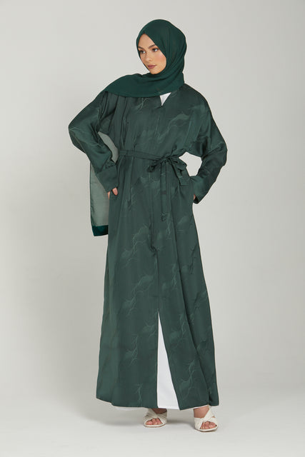 Premium Embroidered Open Abaya with Pockets - Forest Green