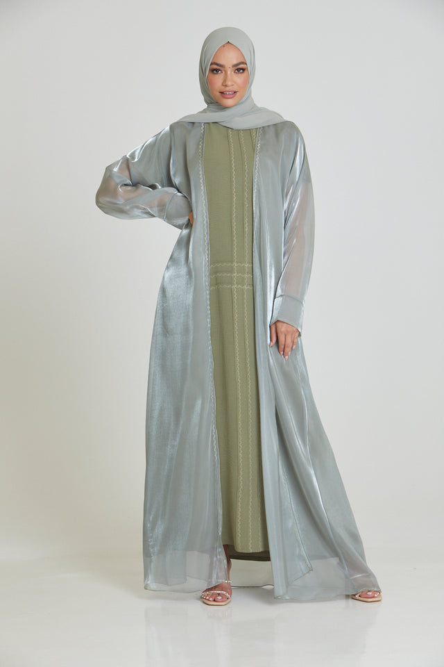 Four Piece Organza Silk Abaya Set with Embroidered Inner Slip - Olive Grey