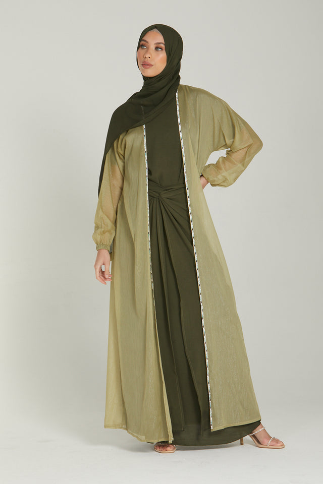 Three Piece Shimmer Wrap Open Abaya Set - Olive Green