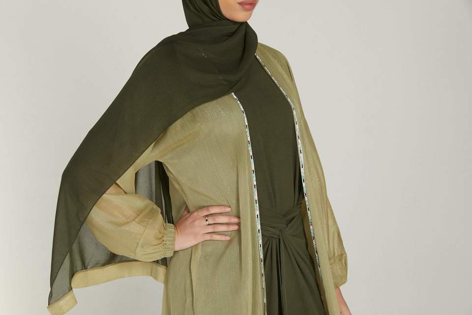 Three Piece Shimmer Wrap Open Abaya Set - Olive Green