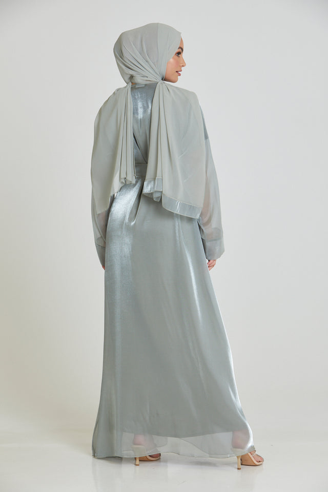 Four Piece Organza Silk Abaya Set with Embroidered Inner Slip - Olive Grey