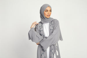 Four Piece Floral Embellished Open Abaya - Light Grey