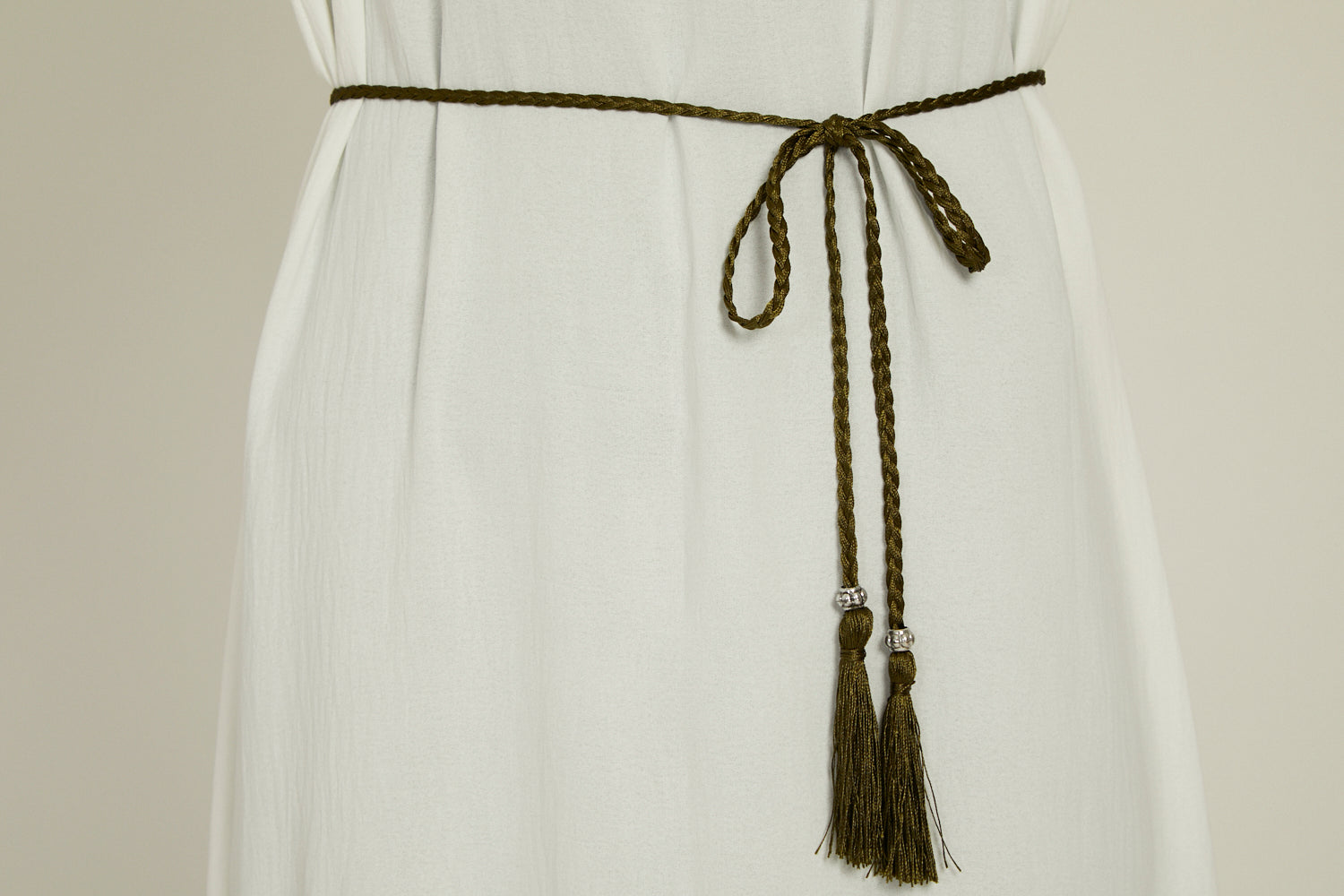 Olive Slim Plaited Rope Tassel Belt