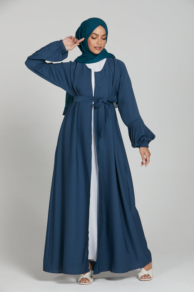 Premium Textured Open Abaya with Pleated Cuffs - Petrol Blue