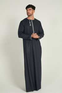 Premium Omani Thobe - Deep Navy with Silver Embroidery