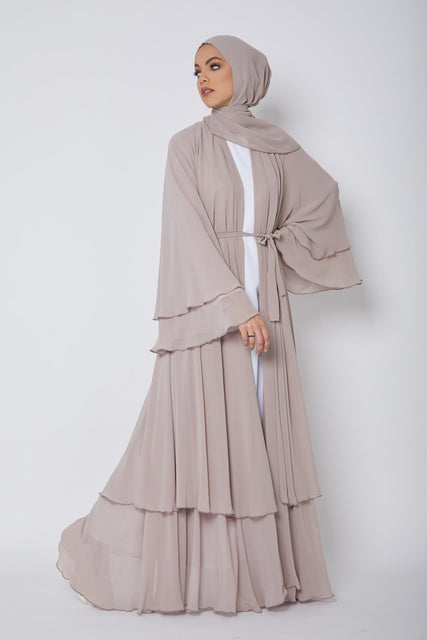 French Beige Layered Open Abaya