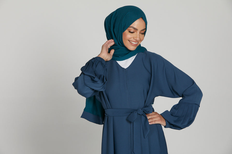 Premium Textured Open Abaya with Pleated Cuffs - Petrol Blue