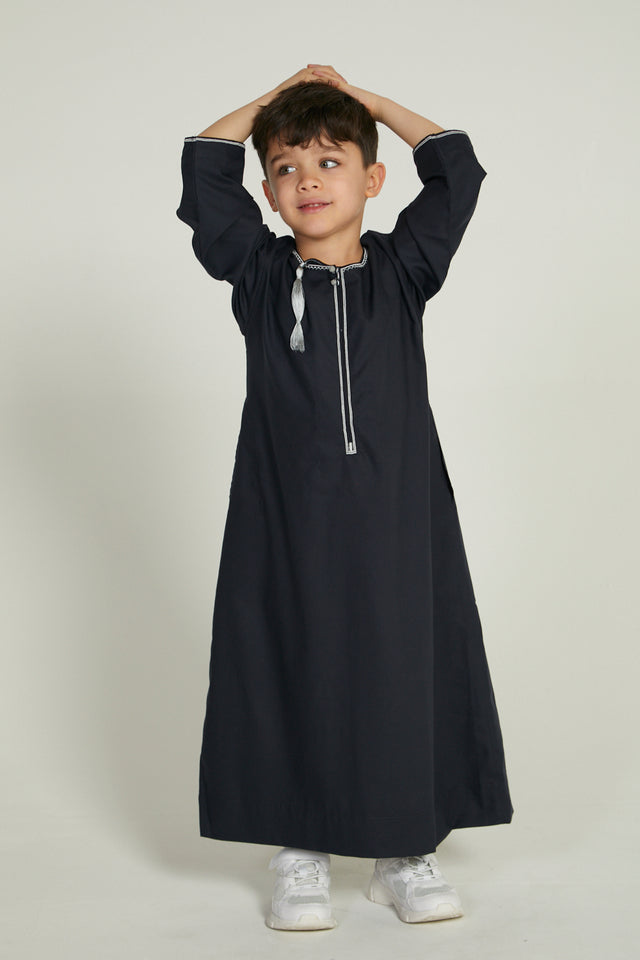 Junior Boys Premium Omani Thobe - Deep Navy with Silver Embroidery