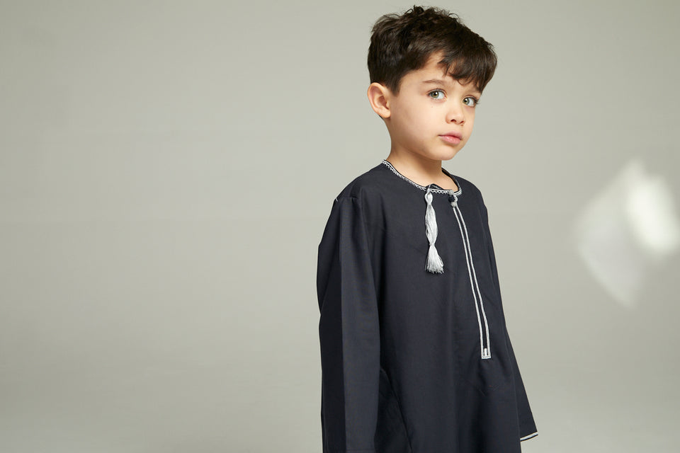 Junior Boys Premium Omani Thobe - Deep Navy with Silver Embroidery