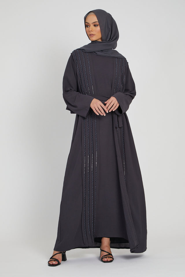 Four Piece Charcoal Open Abaya with Silver Embellishements