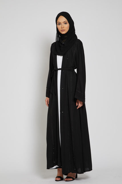 Black Open Abaya with Gemstone Piping
