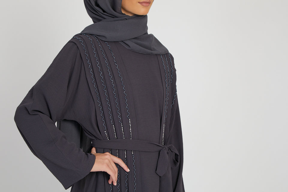 Four Piece Charcoal Open Abaya with Silver Embellishements