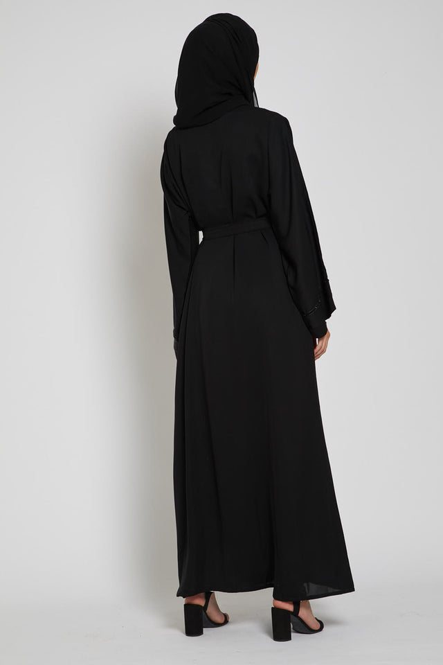 Black Open Abaya with Gemstone Piping