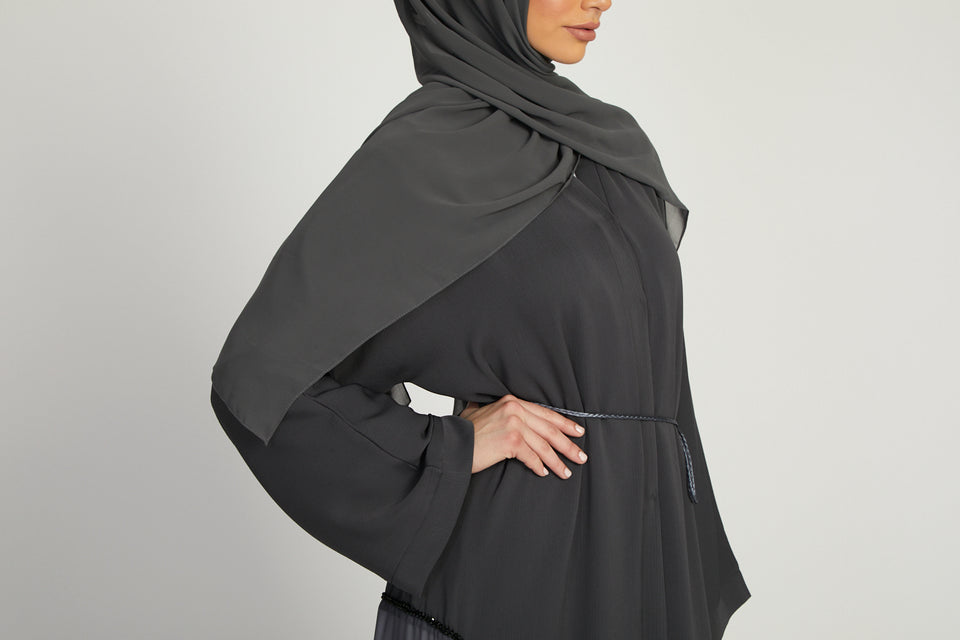 Deep Charcoal Open Abaya With Embellished Chiffon Panel