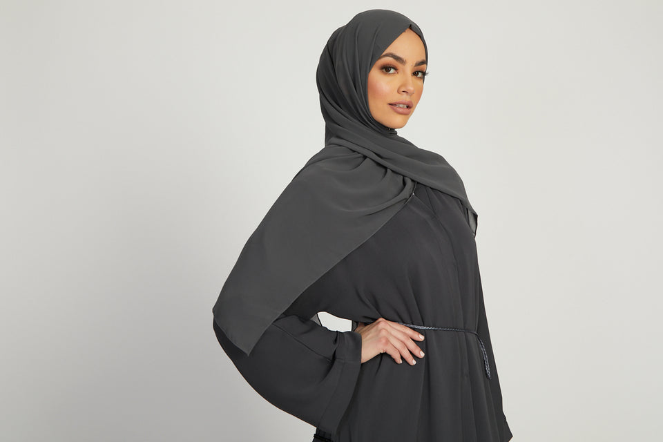 Deep Charcoal Open Abaya With Embellished Chiffon Panel