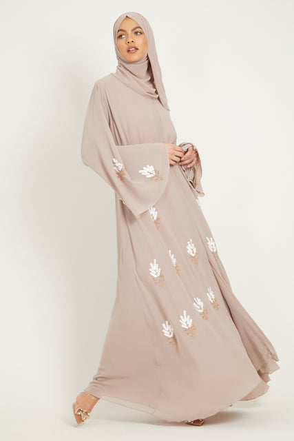 Premium Almond Nude Floral Embellished Open Abaya