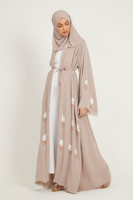 Premium Almond Nude Floral Embellished Open Abaya