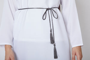 Grey Slim Plaited Rope Tassel Belt