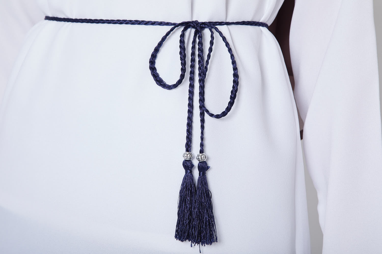 Navy Slim Plaited Rope Tassel Belt