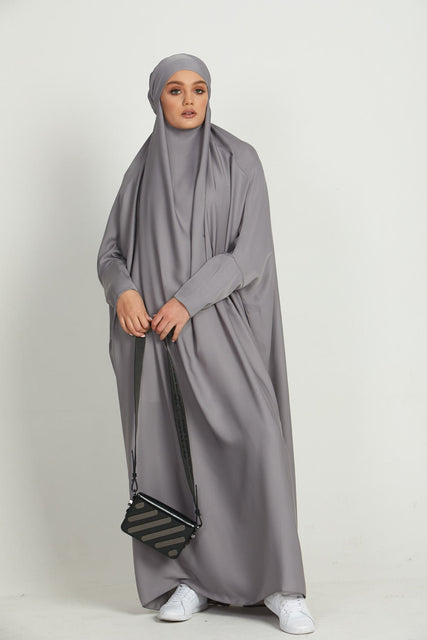 One Piece Full Length Jilbab/ Prayer Abaya - Zipped Cuff - Silver Haze