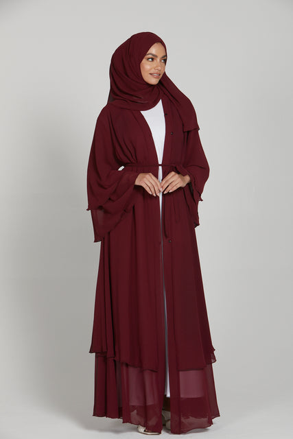 Chiffon Layered Open Abaya - Maroon