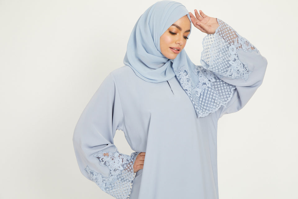 Luxury Closed Abaya with Dainty Lace Detailing - Powder Blue